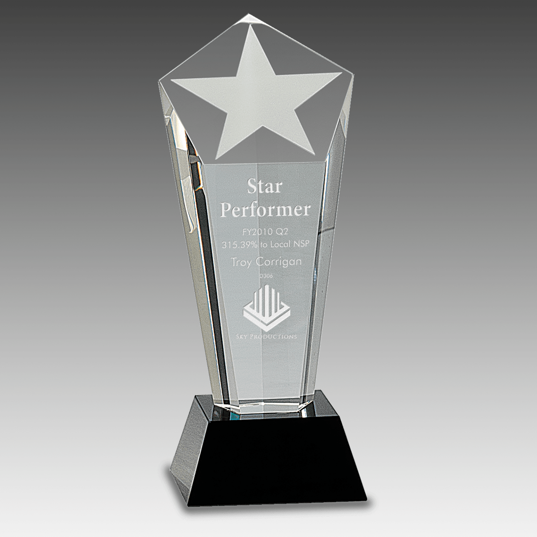 8.75" Crystal Frosted Star Column on Black Pedestal Base