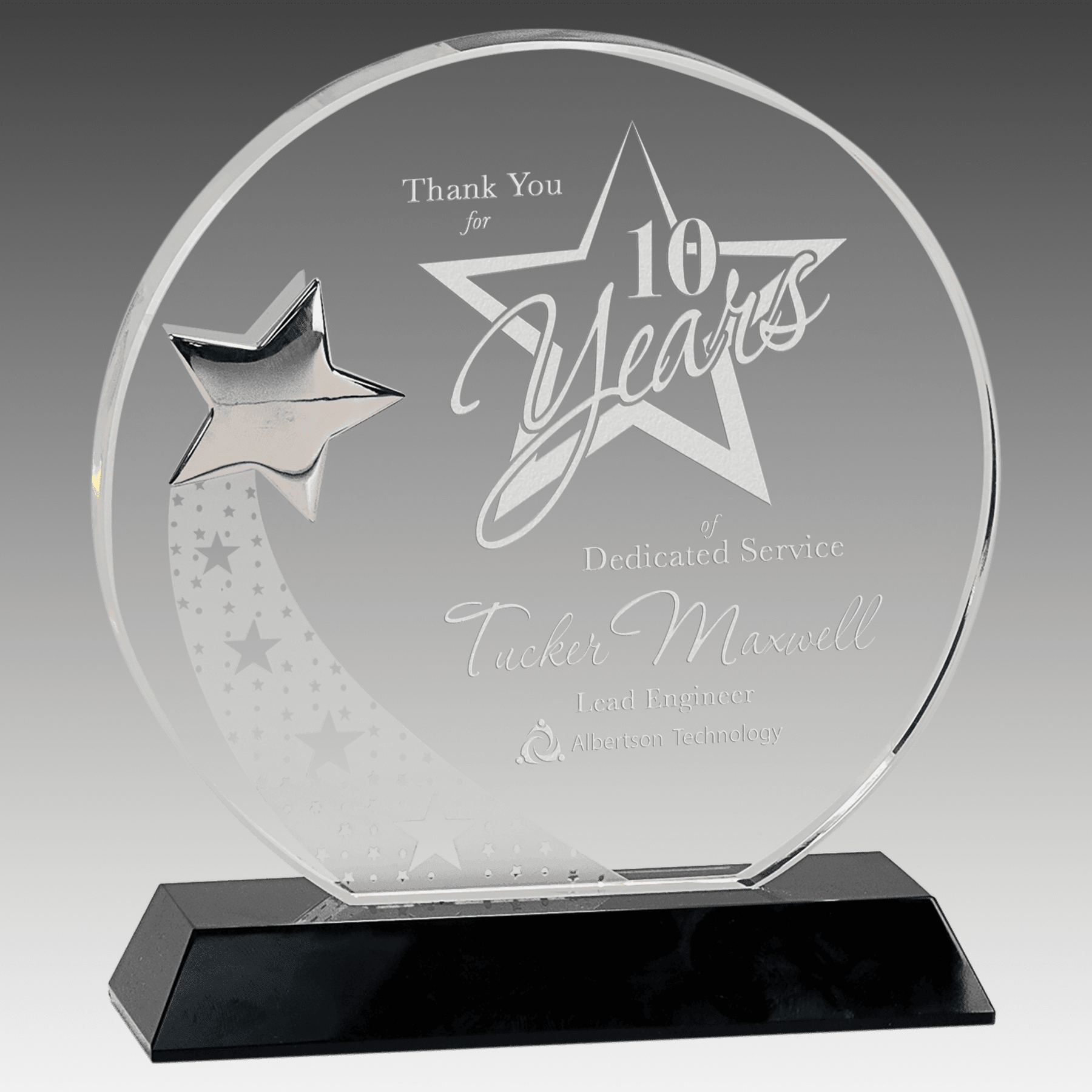 7.25" Round Crystal with Silver Star on Black Pedestal Base