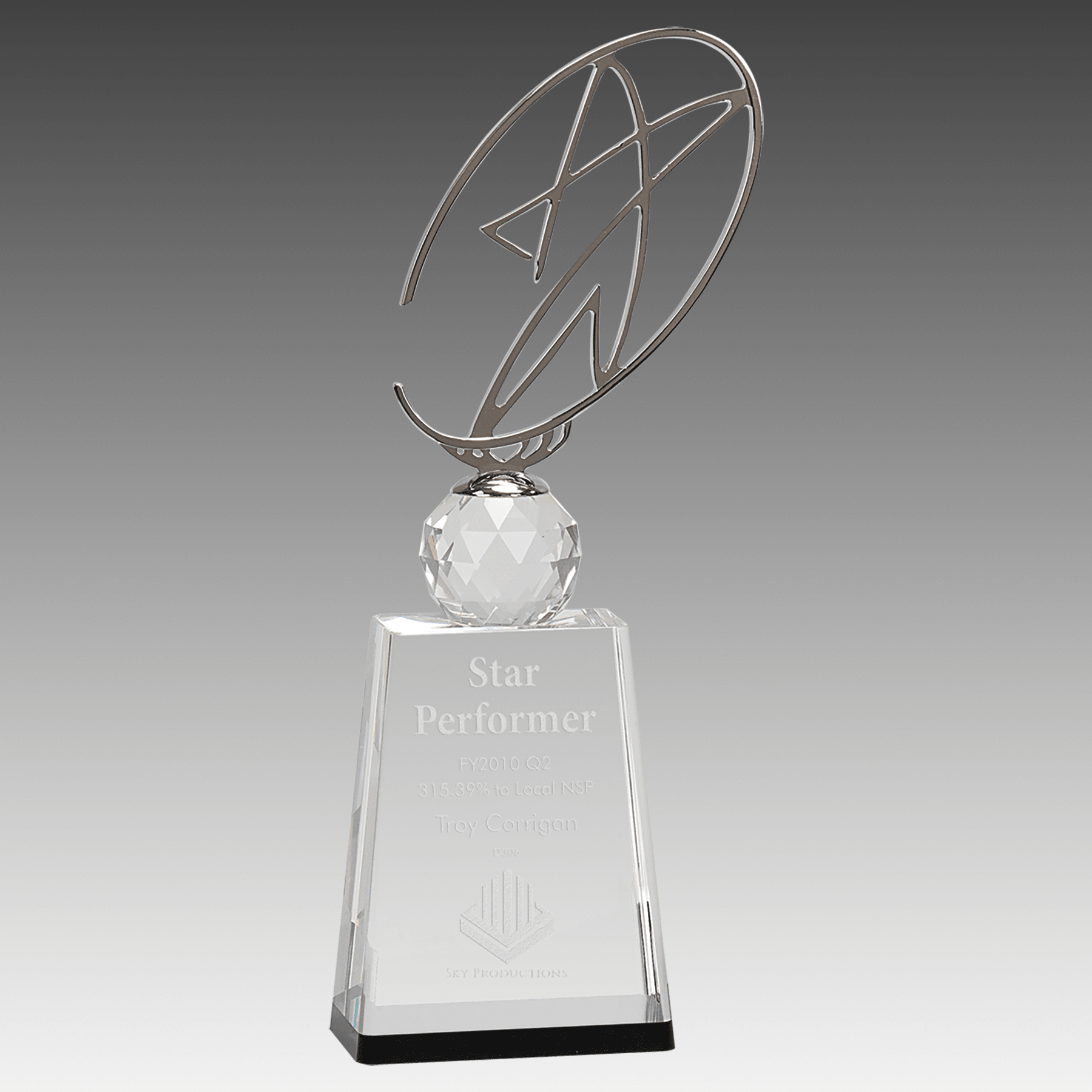 12" Clear/Black Crystal Award with Silver Metal Oval Star