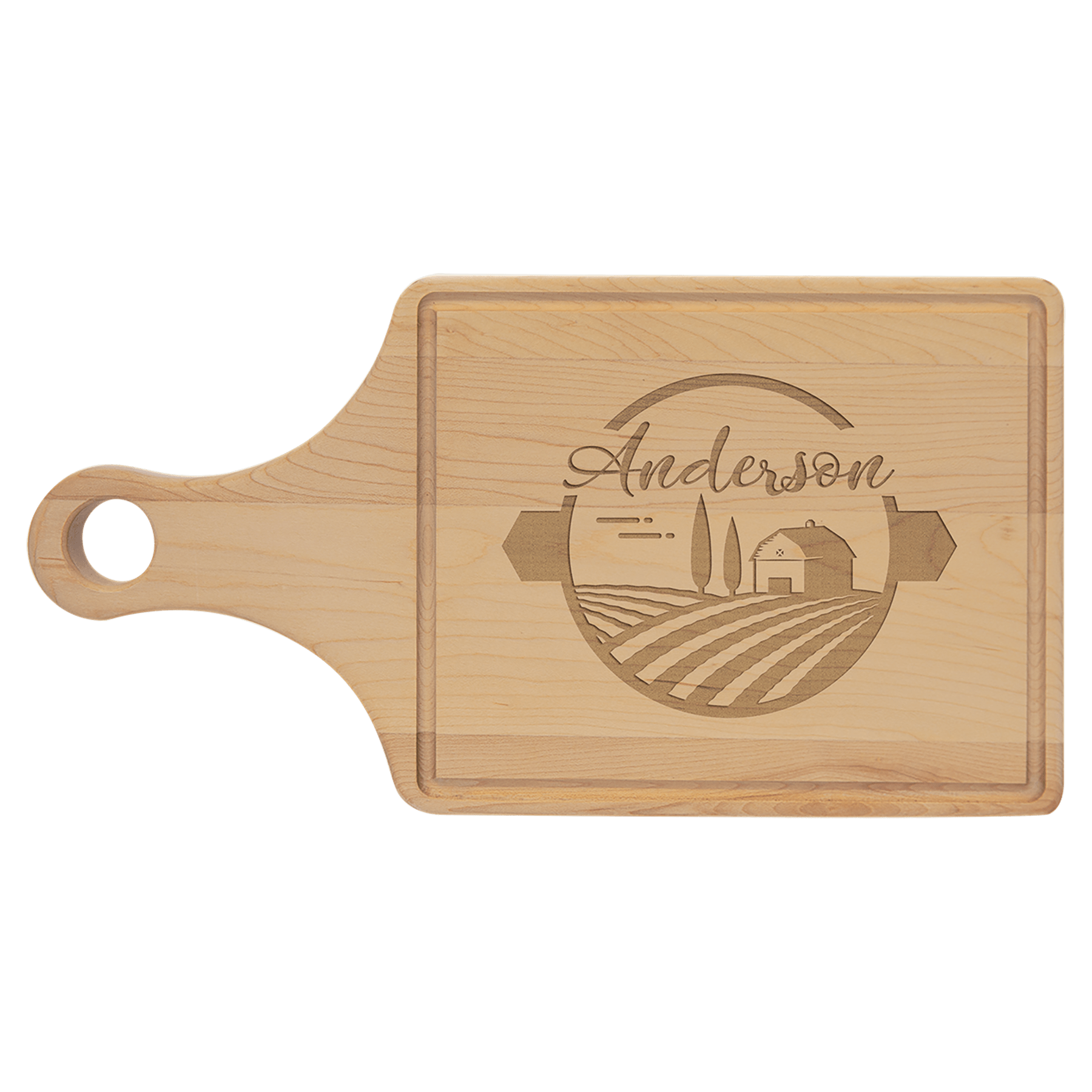 13.5" x 7" Maple Cutting Board Paddle Shape with Drip Ring