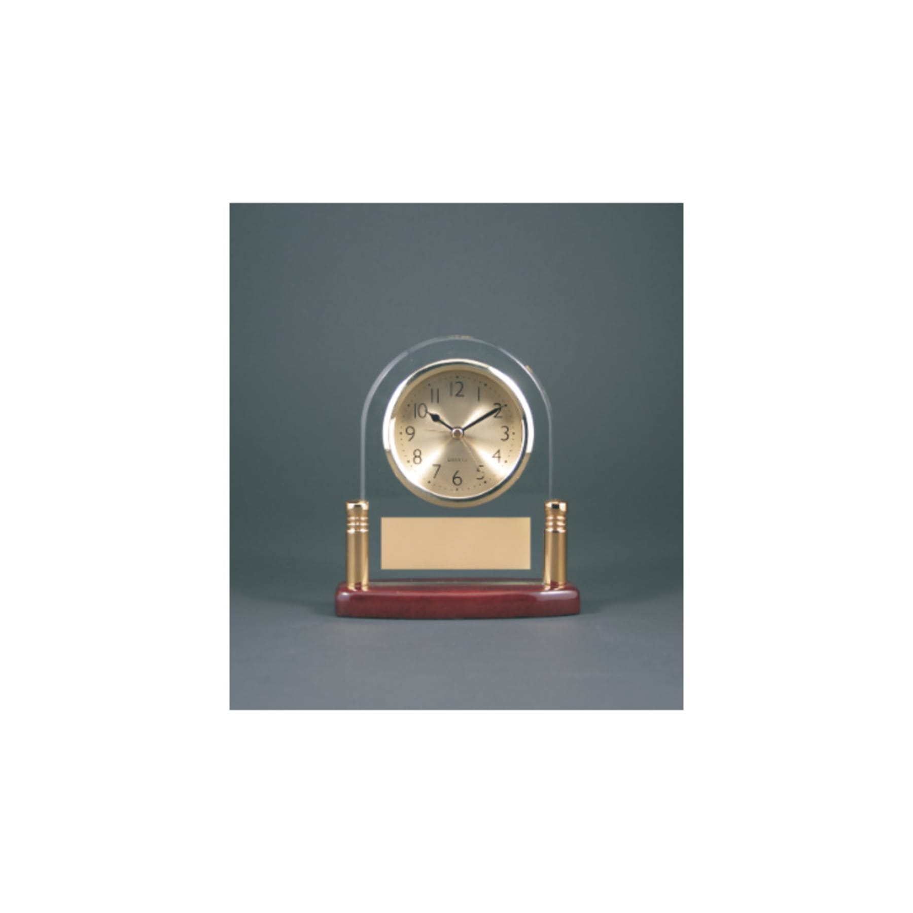 6.5" Arch Glass Desk Clock w/ Posts & Rosewood Piano Finish
