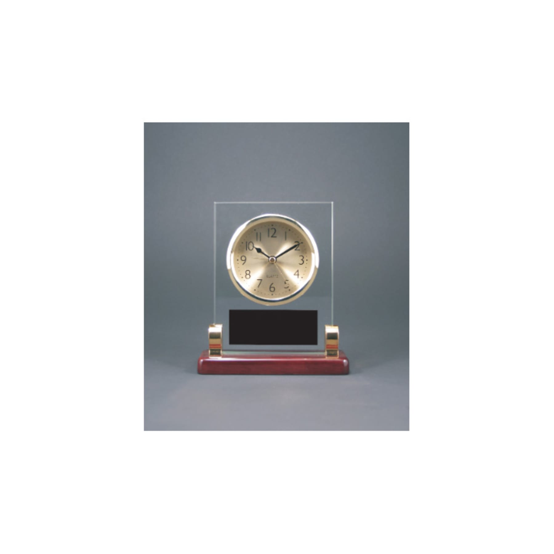6.5" Rect Glass Desk Clock w/Posts & Rosewood Piano Finish