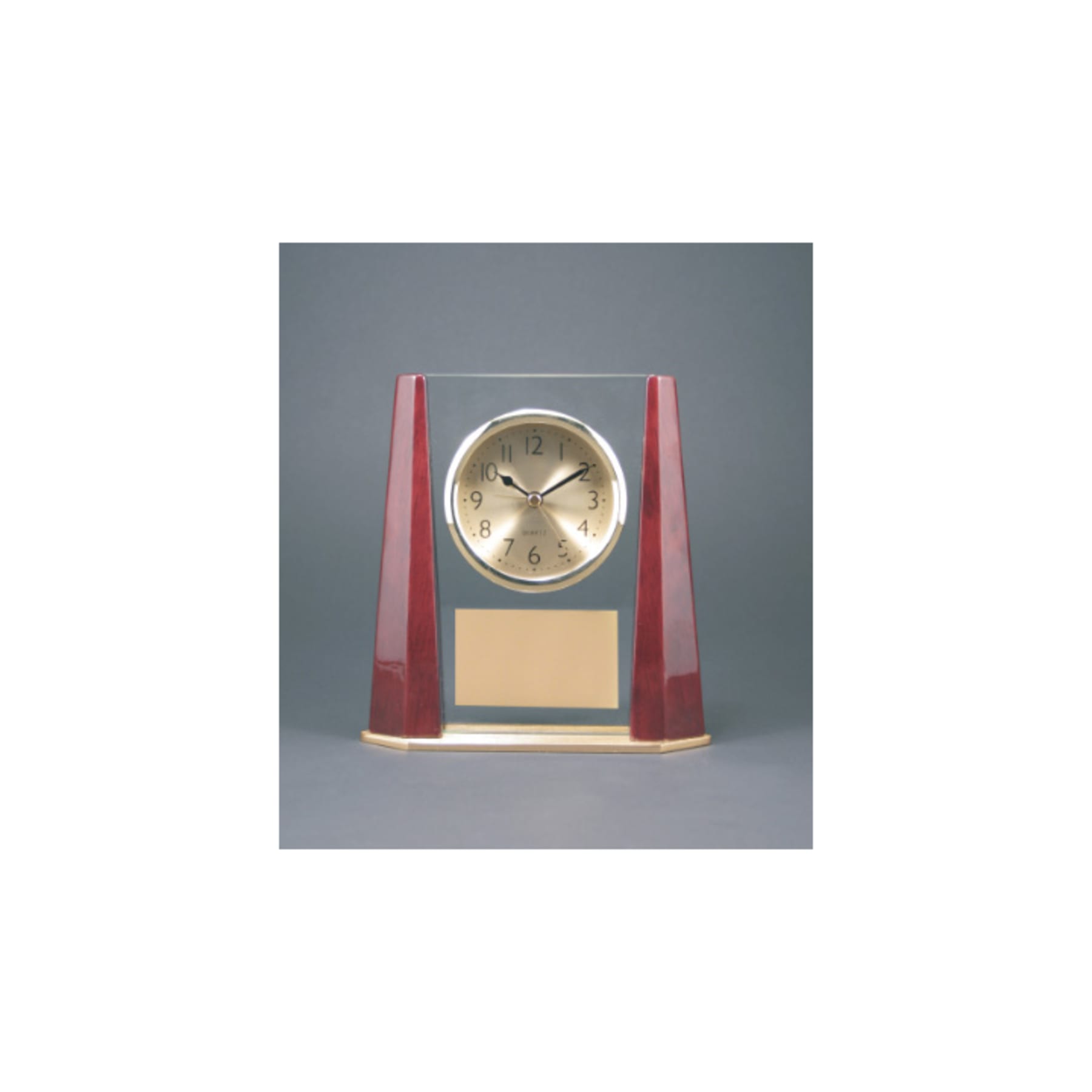 7" Glass Desk Clock with Rosewood Finish Bevel Columns