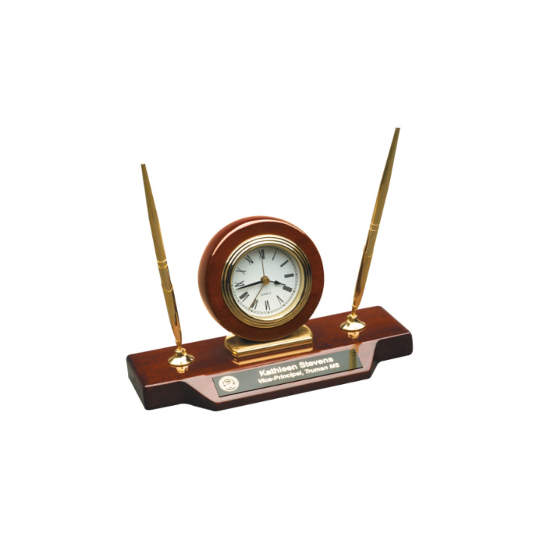 9" x 4.75" Piano Finish Desk Clock on Base with 2 Pens