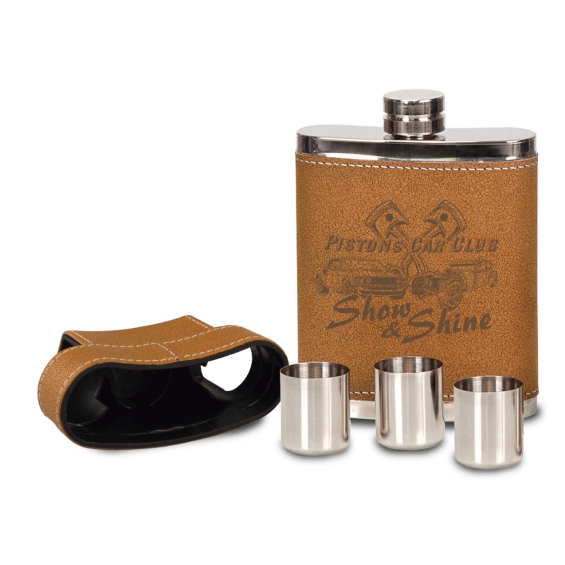 7 oz. Leather Flask with Lid & 3 Shot Glasses