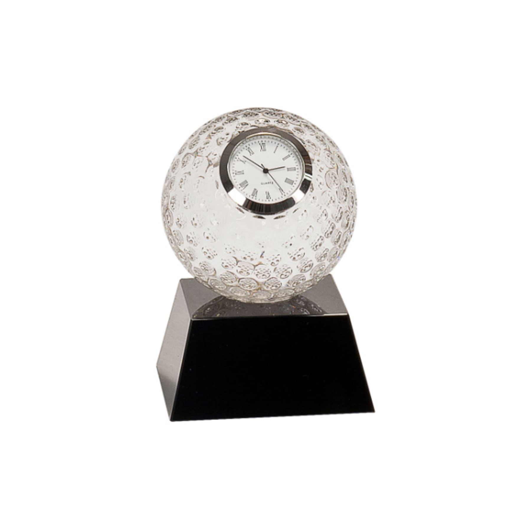 5" Clear Crystal Golf Ball Clock with Black Pedestal Base