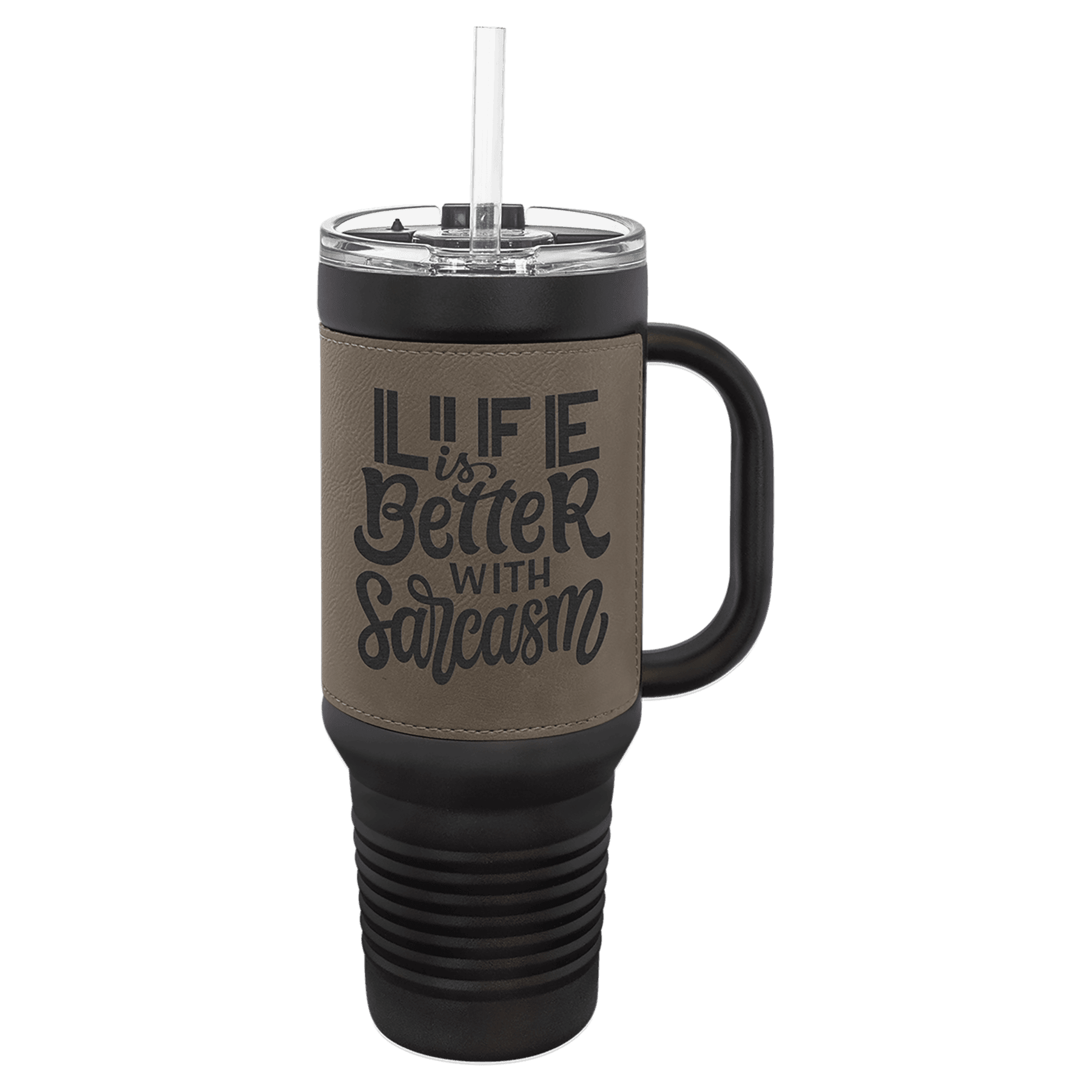 PC  40 oz. Black w/Gray Laserable Leatherette Travel Mug