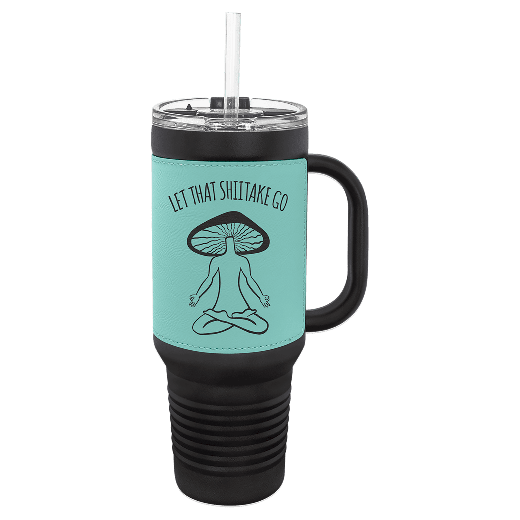 PC 40 oz. Black w/ Teal Laserable Leatherette Travel Mug
