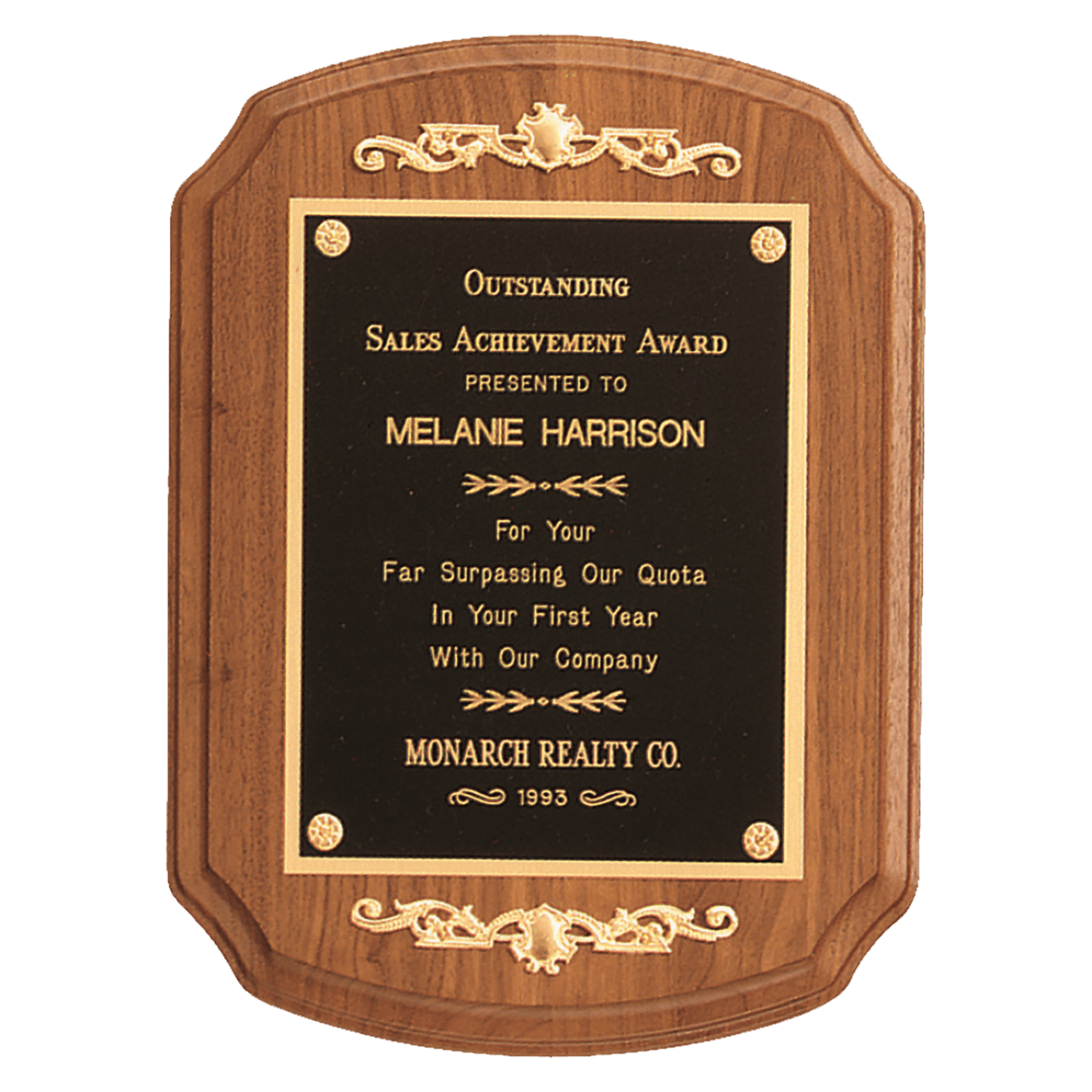 Walnut Rounded, Scalloped Corner Plaque w/Gold Scrolls