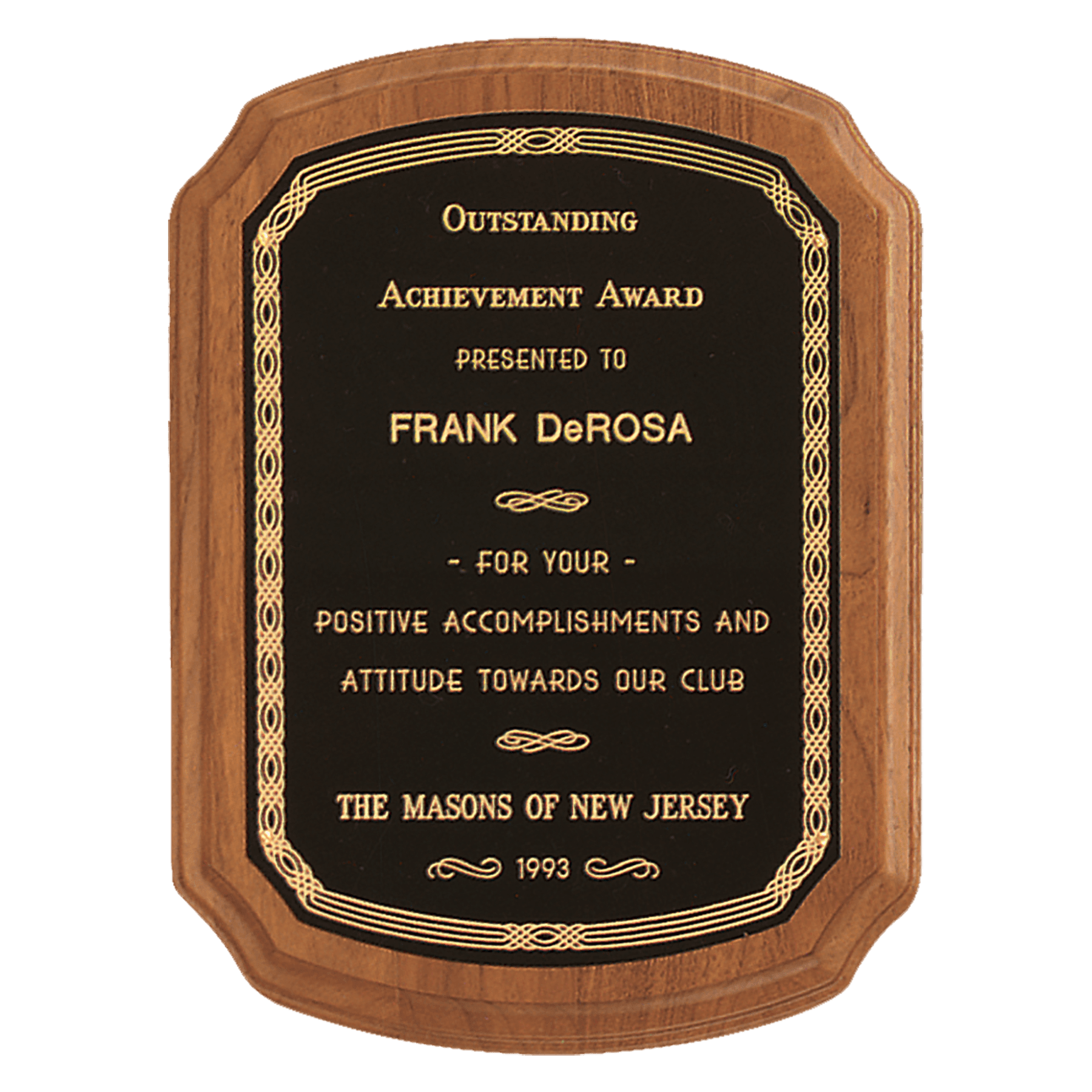 American Walnut Plaque w/Gold Border Black Brass Plate