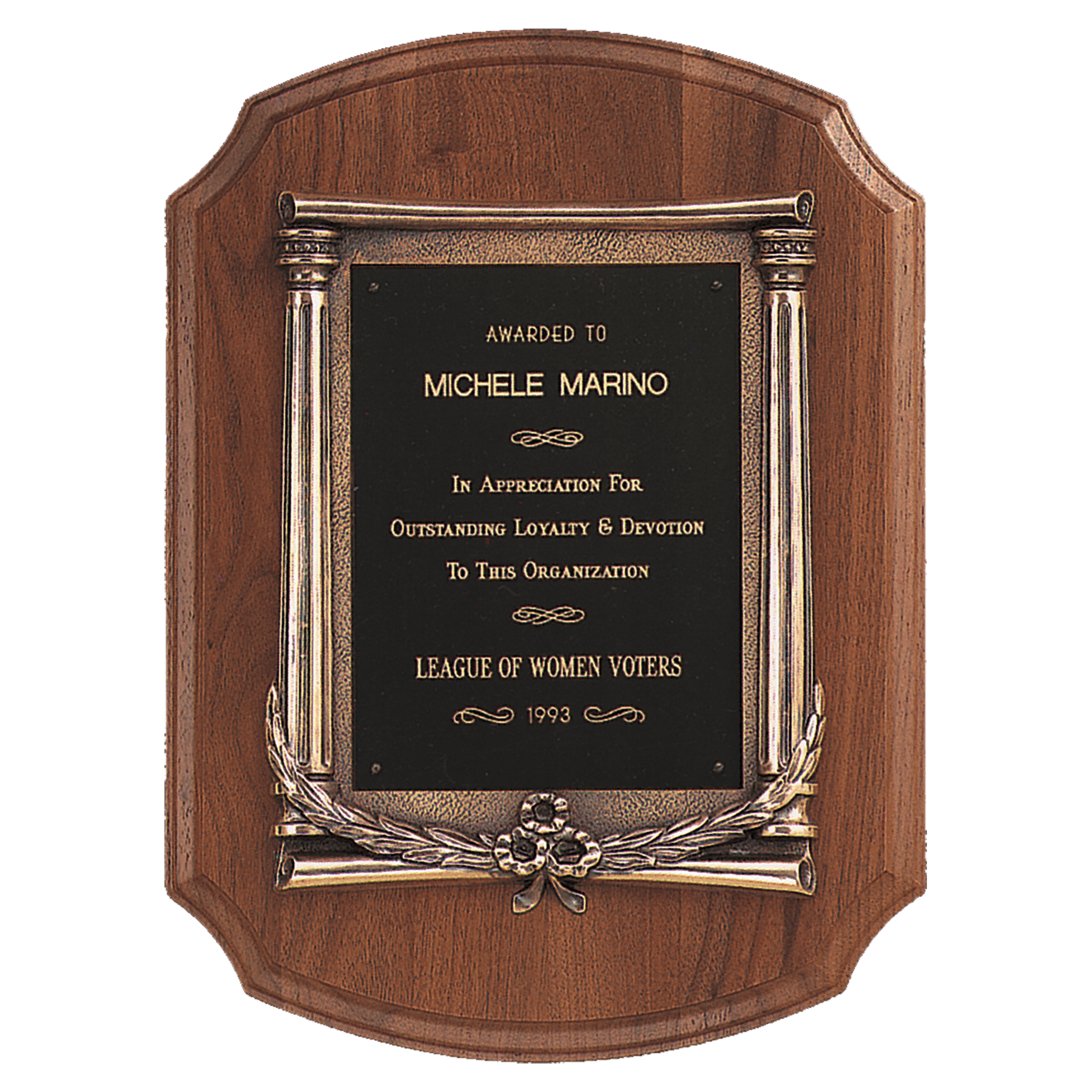 American Walnut Notch Corner Plaque w/Antique Bronze Frame