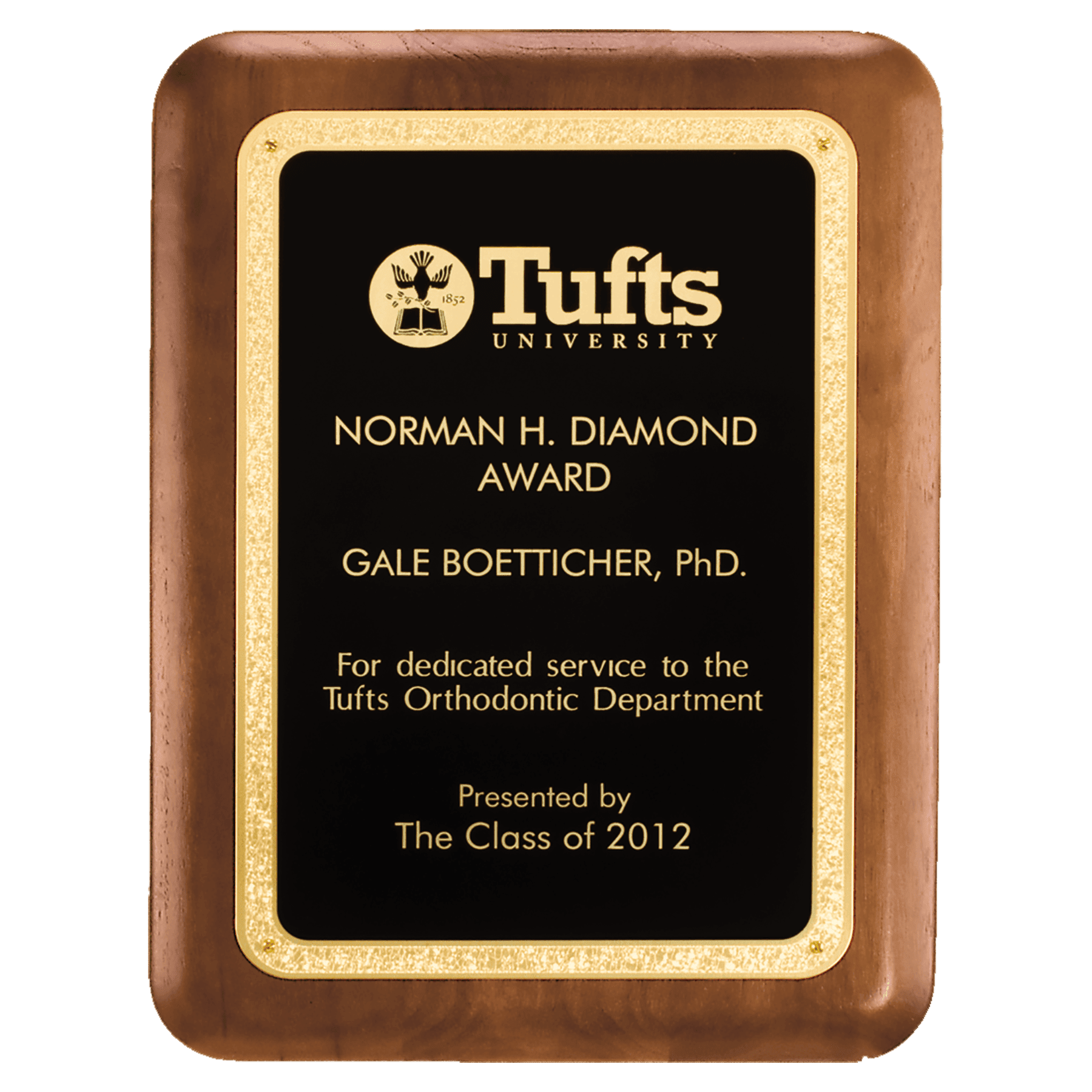 American Walnut Plaque w/Textured Black Plate w/Gold Border