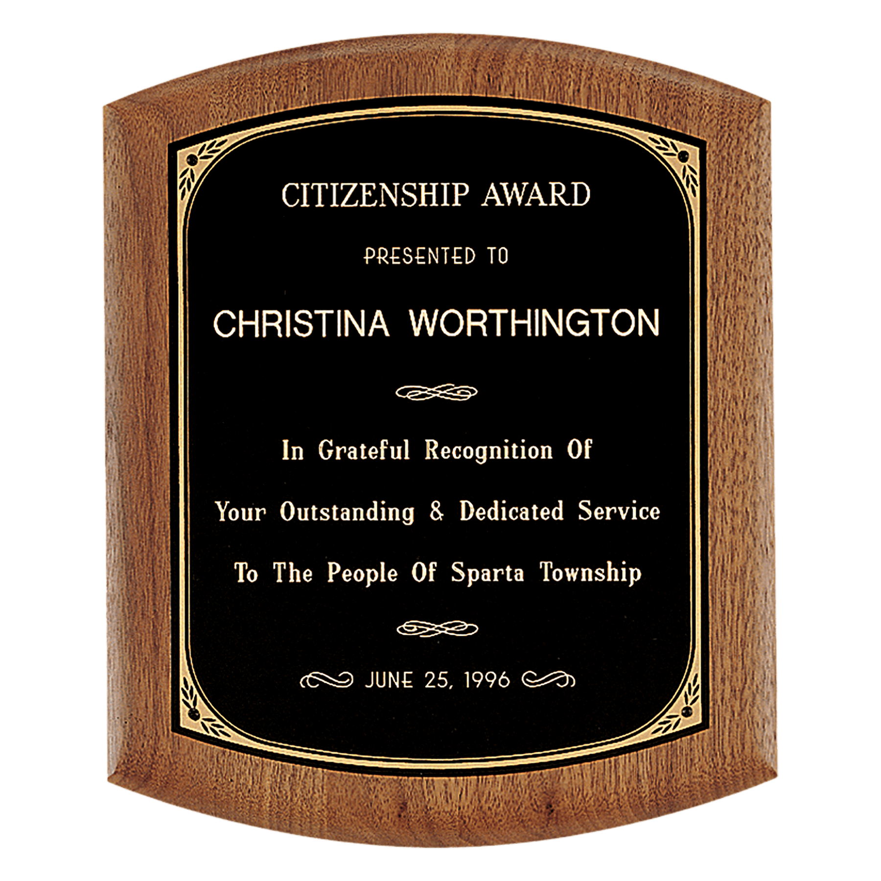 American Walnut Plaque w/Gold Border Black Brass Plate
