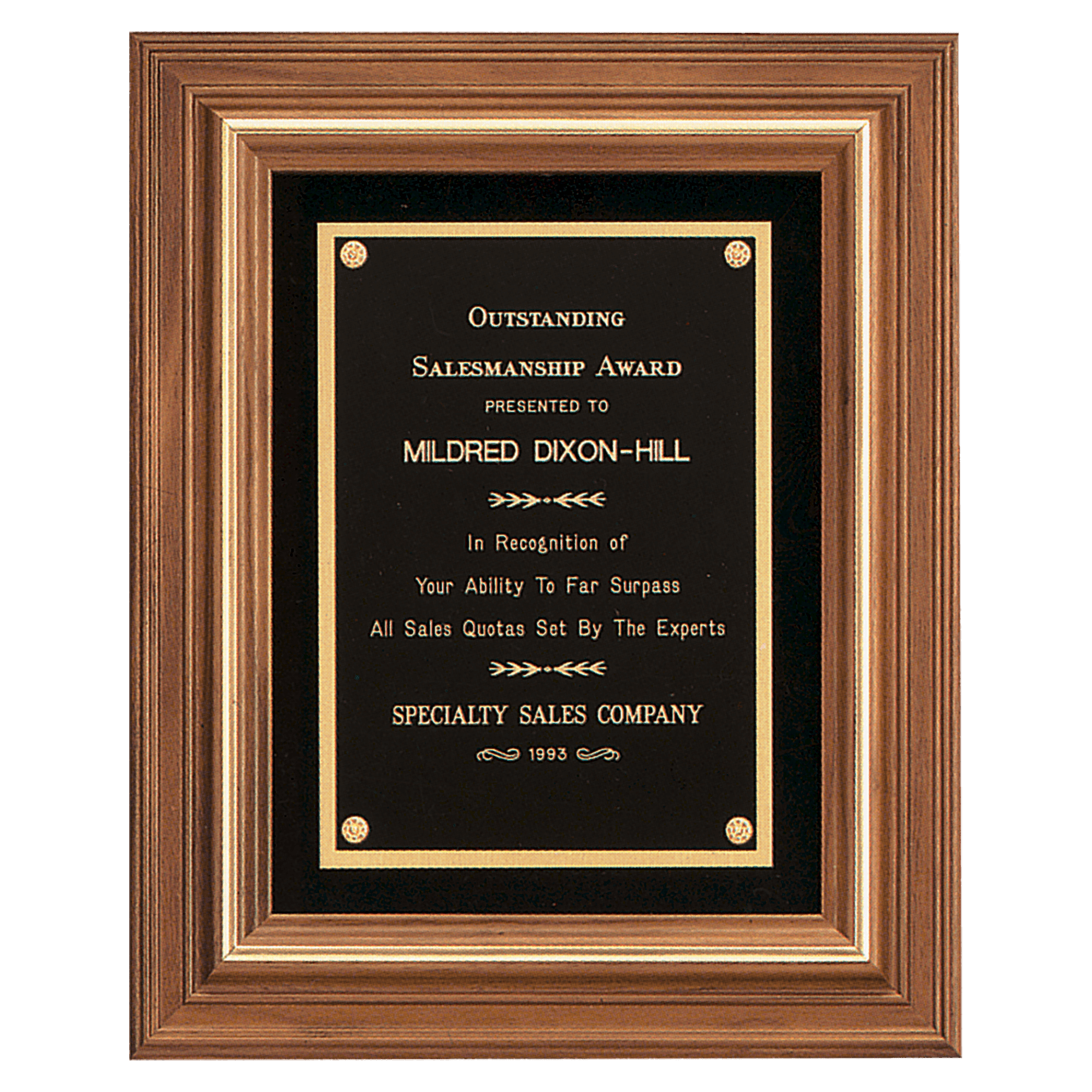 American Walnut Framed Plaque w/Gold Trim & Black Velour