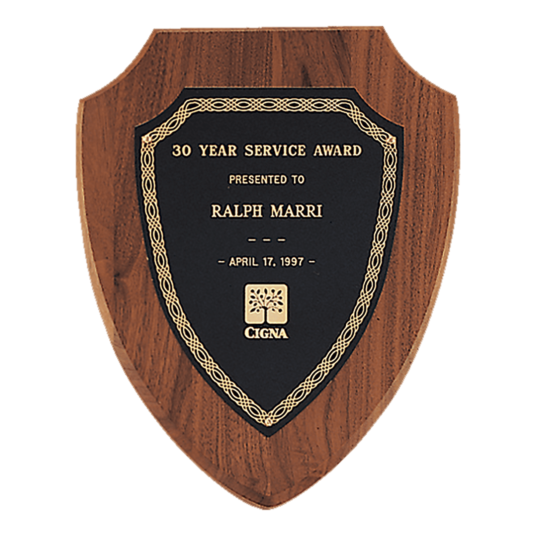 Black Gold Border Plate on American Walnut Shield Plaque