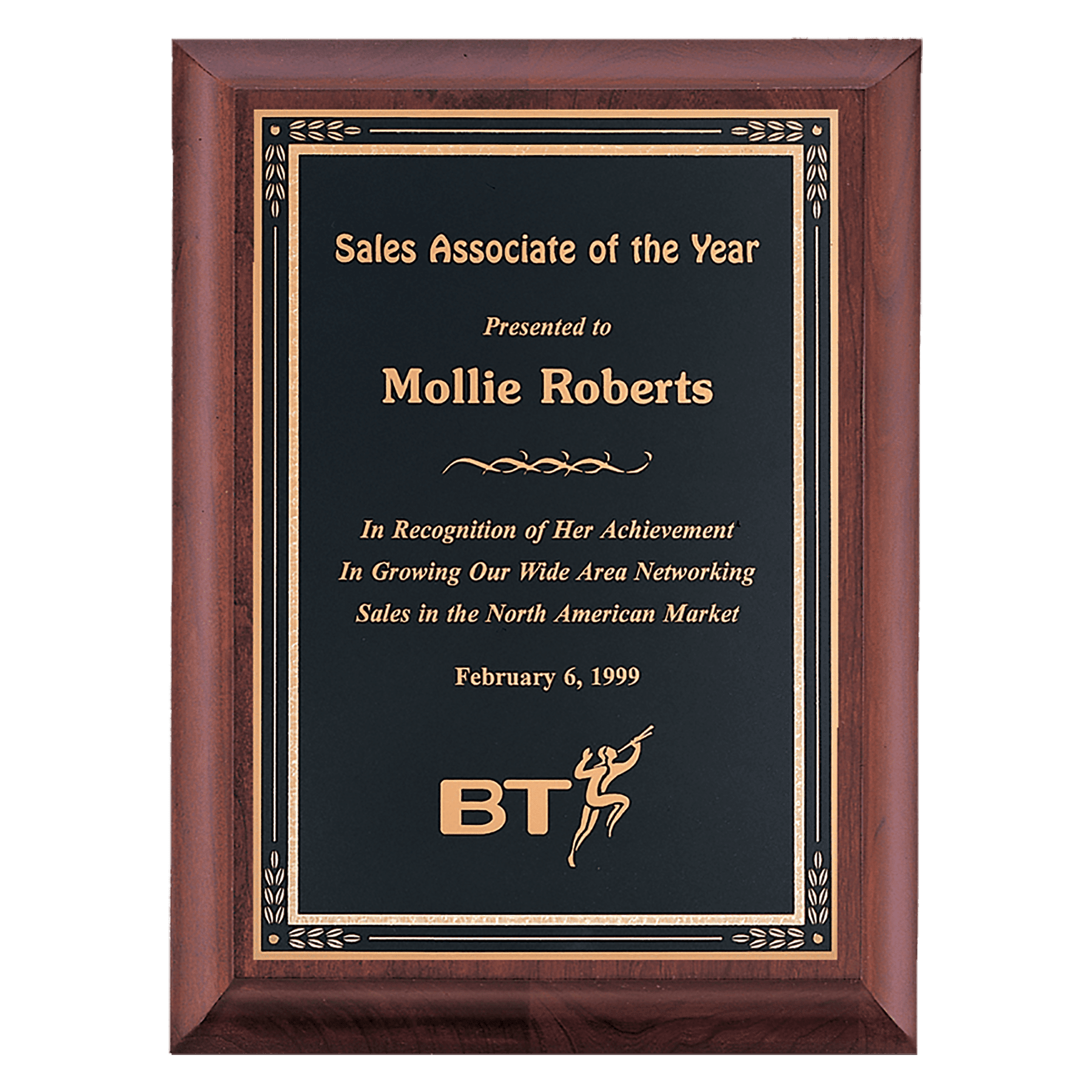 Hand Rubbed Cherry Finish Plaque w/Black Gold Border Plate