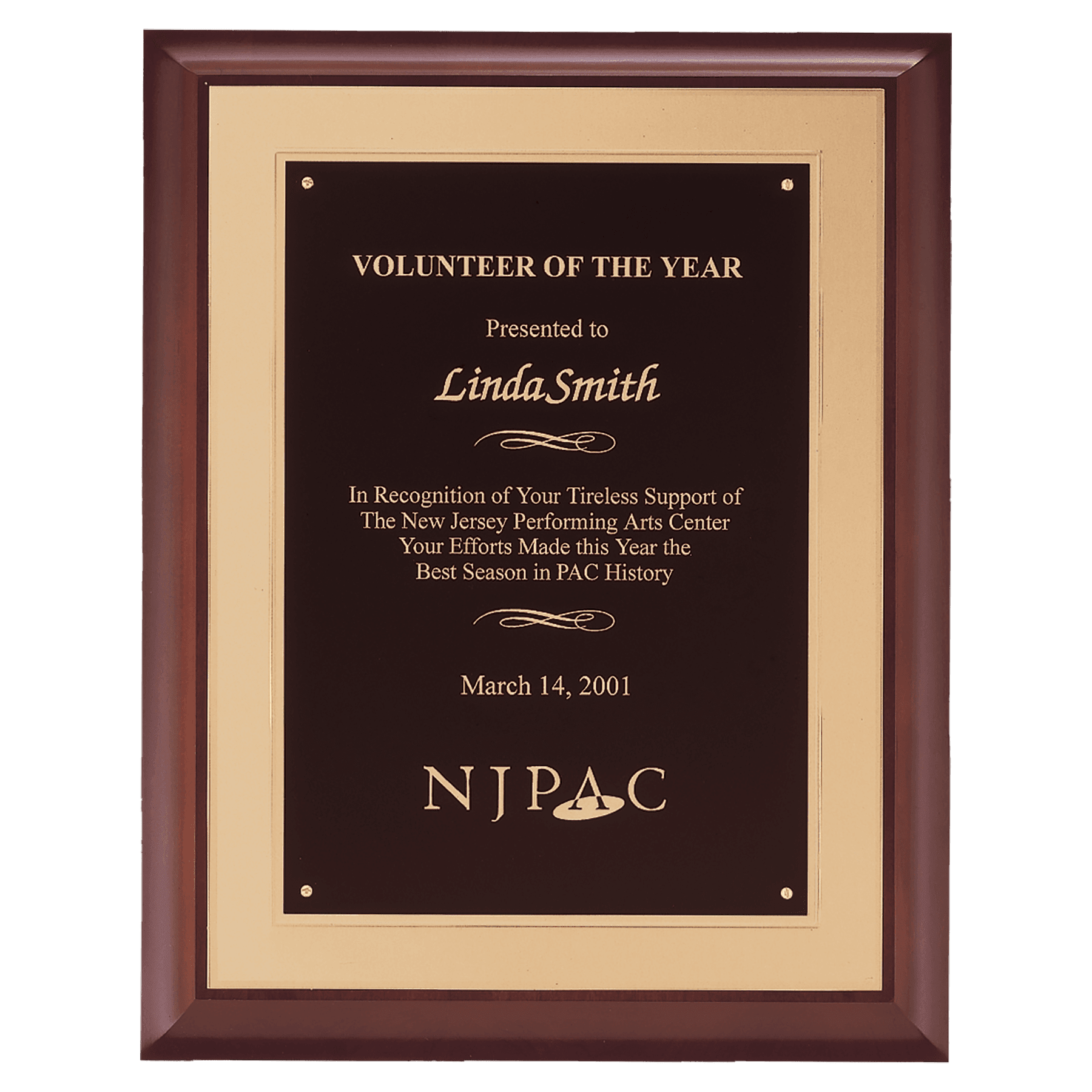 Hand Rubbed Cherry Finish Plaque w/Black Plate on Gold Plate