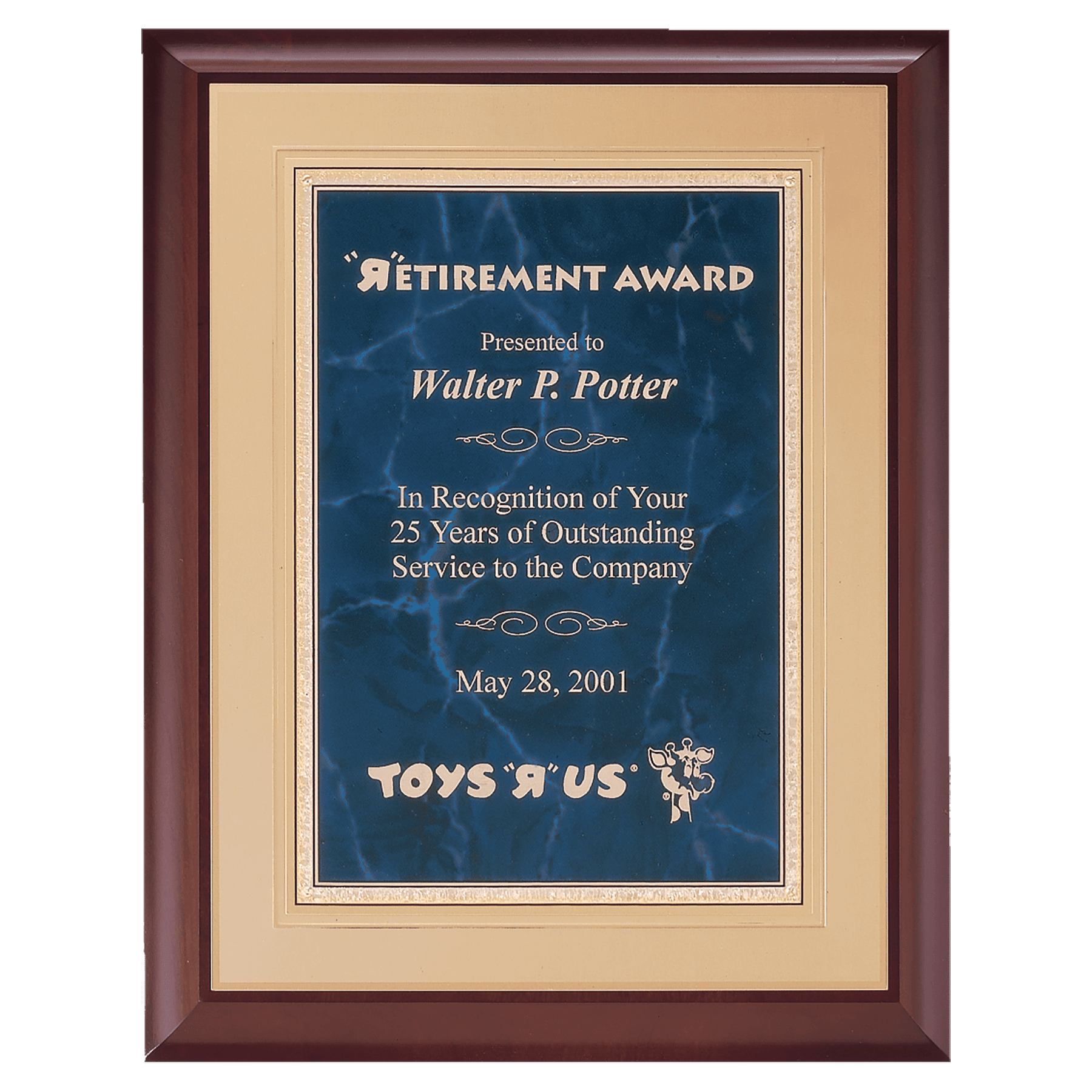 Hand Rubbed Cherry Finish Plaque w/Marble Plate on Gold Back