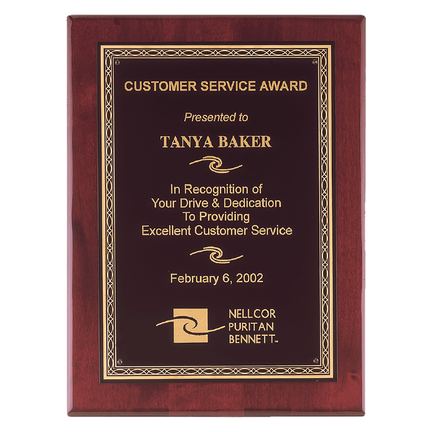 Rosewood Piano Finish Plaque w/Gold Border Black Brass Plate