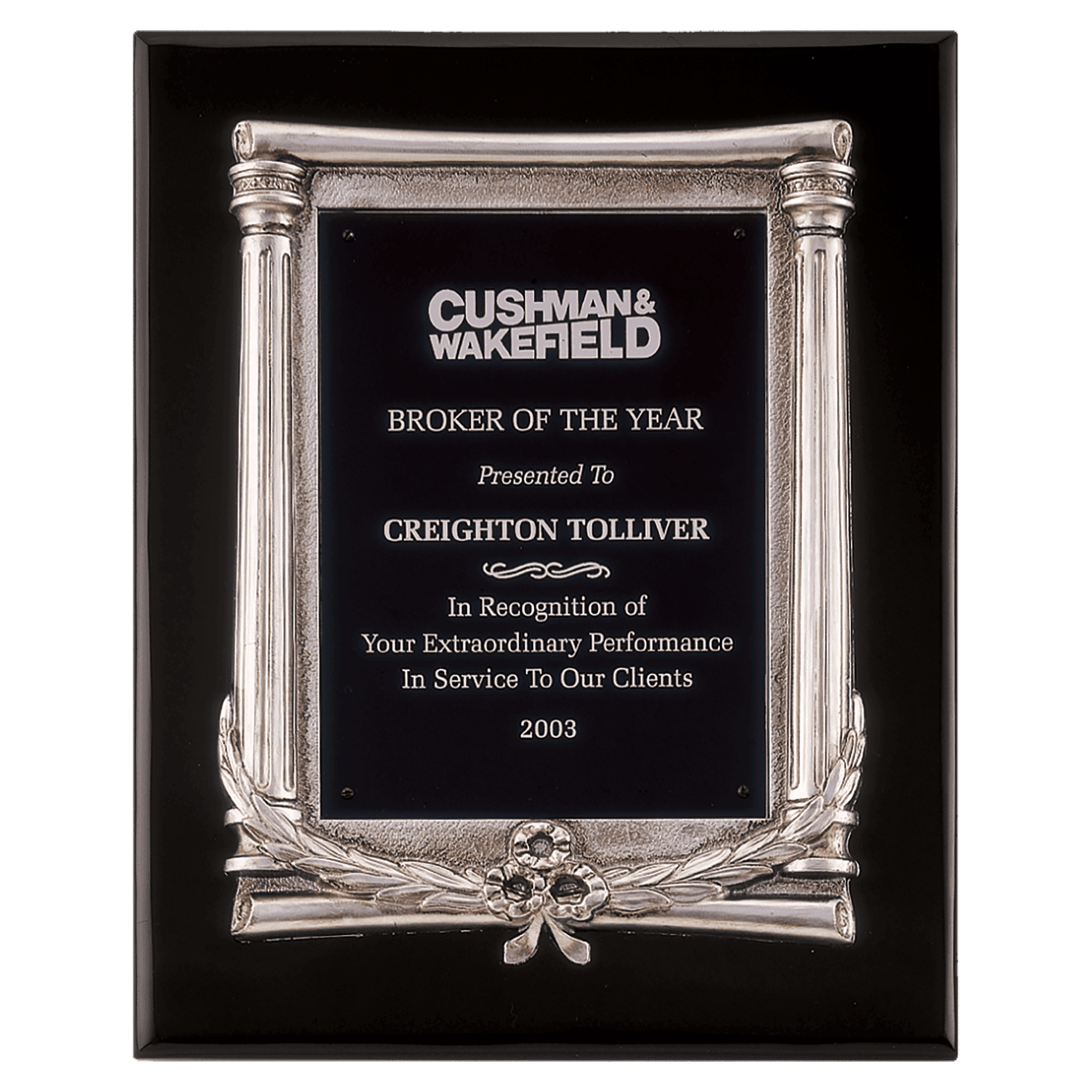 Black Piano Finish Plaque w/Silver Frame Cast & Black Plate