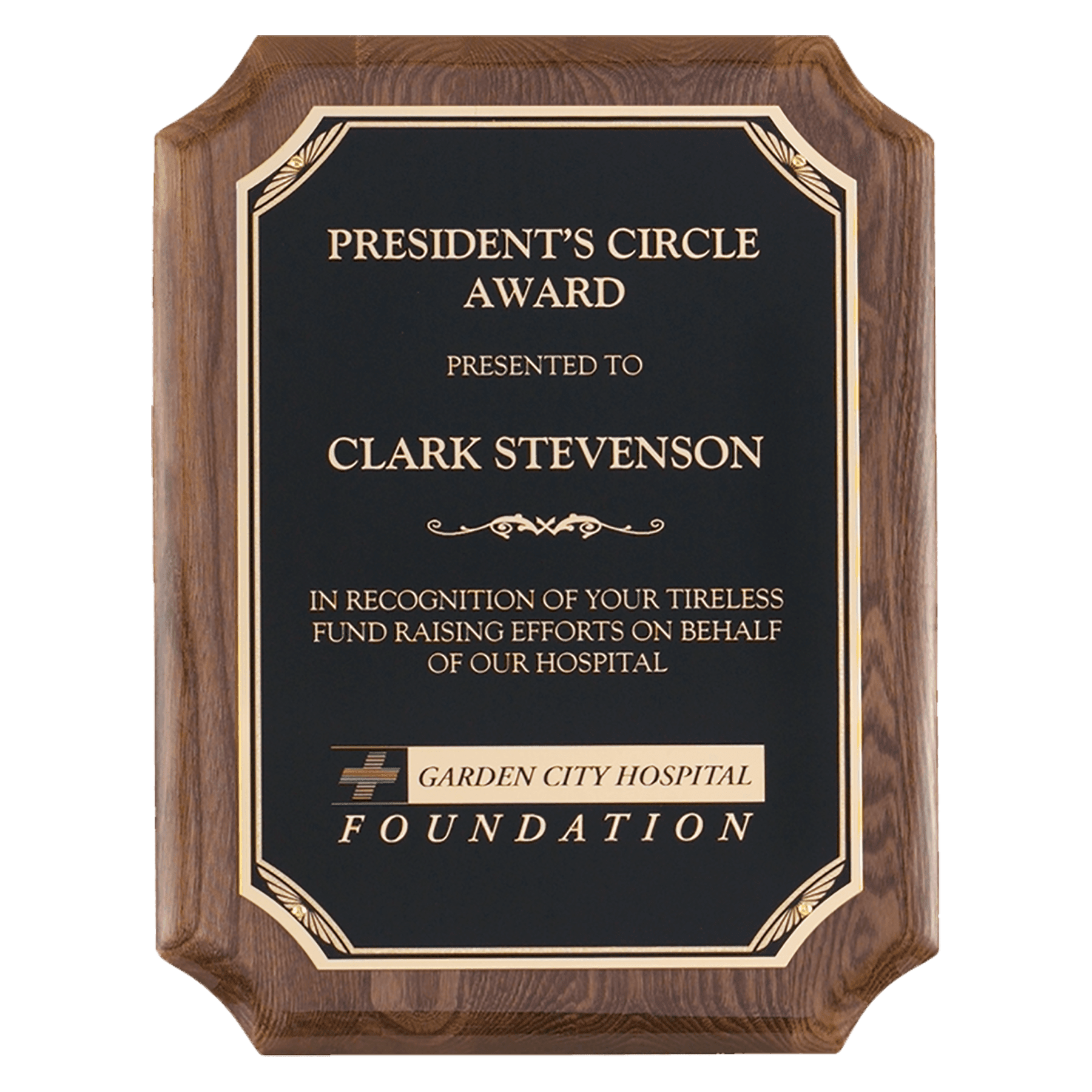 Walnut Piano Finish Plaque w/Gold Border Black Plate