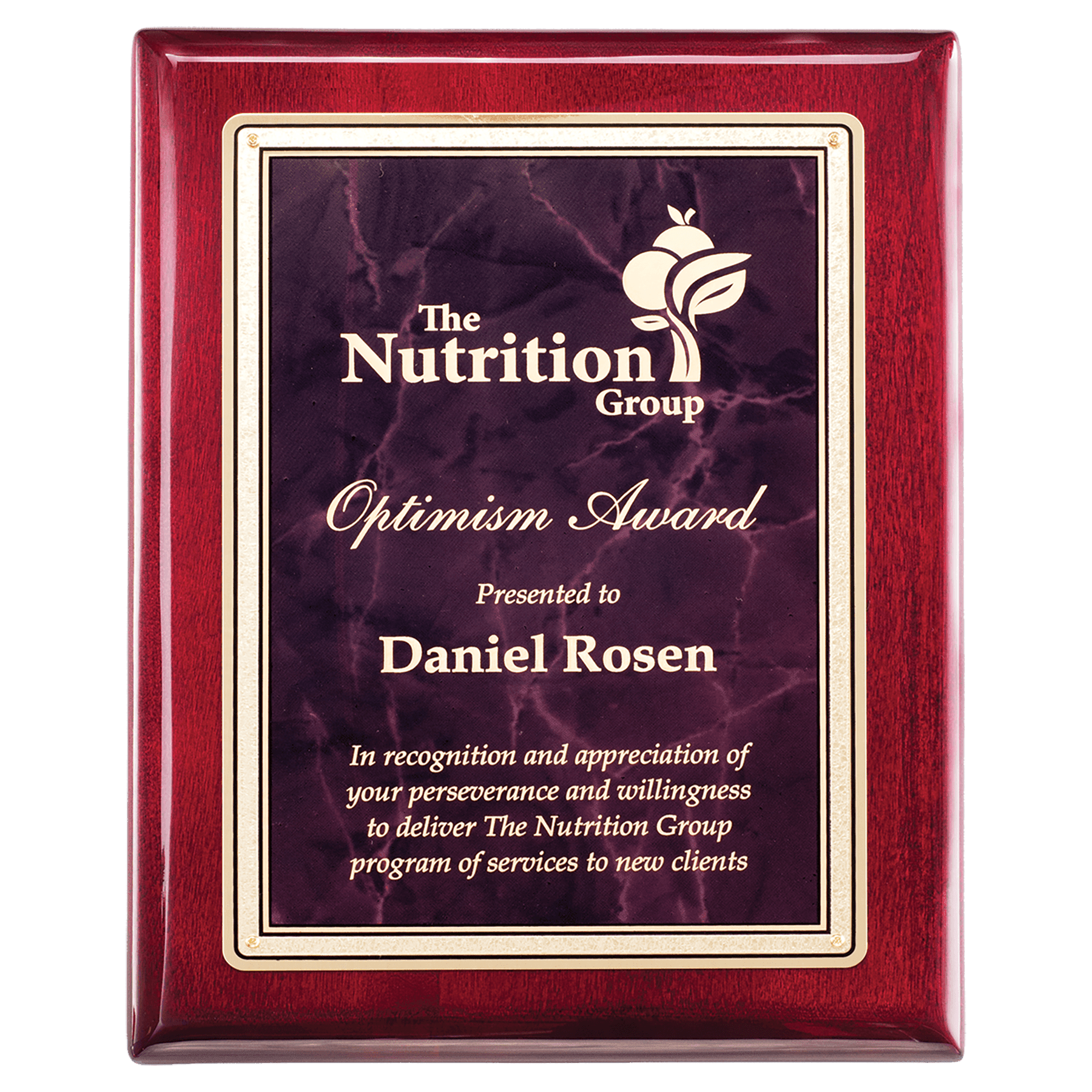 Rosewood Piano Finish Plaque w/Ruby Marble/Gold Design Plate