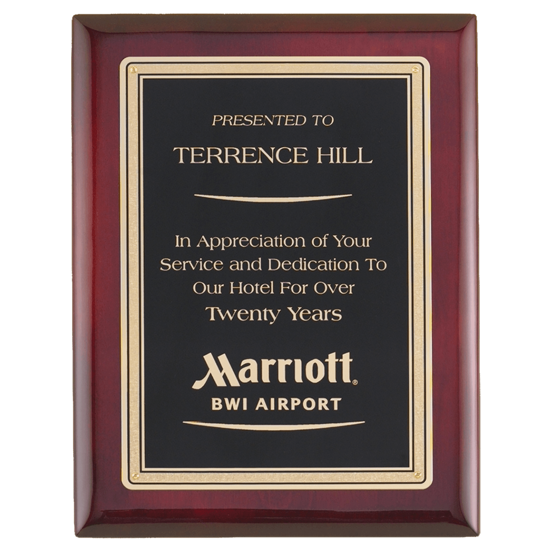 Rosewood Piano Finish Plaque w/Gold Border Black Plate