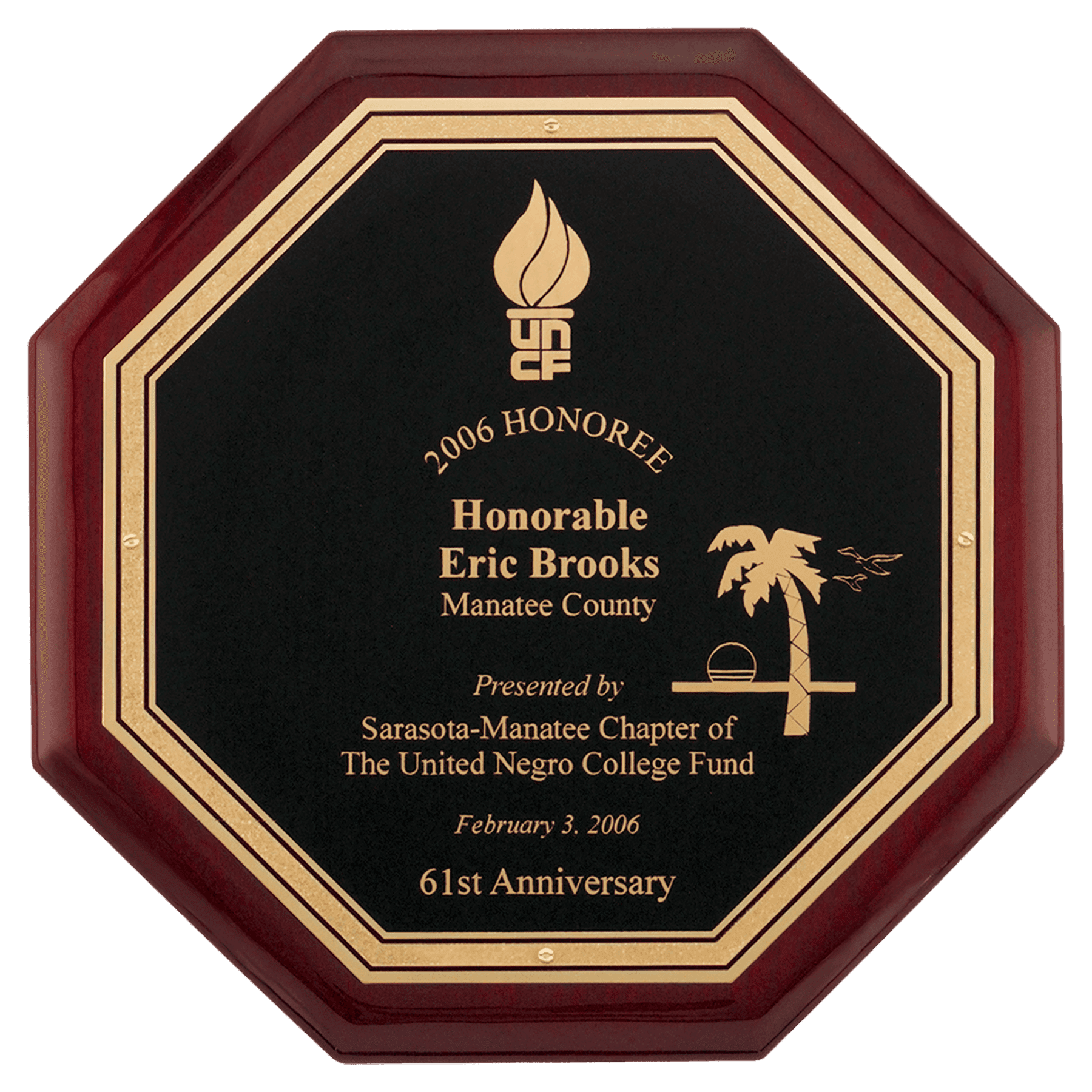 Octagonal Rosewood Piano Finish Plaque w/Florentine Plate