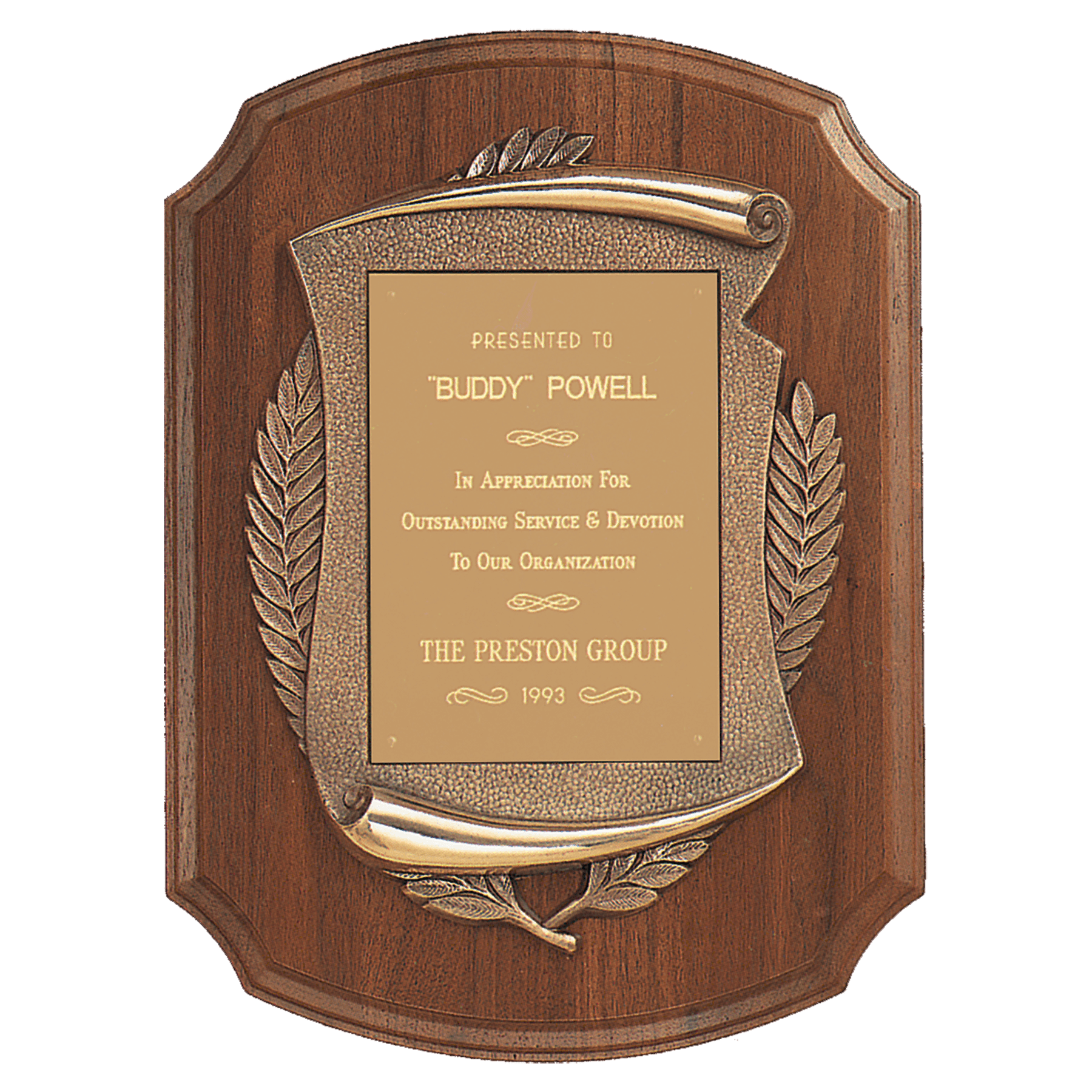 American Walnut Notch Corner Plaque w/Antique Bronze Scroll