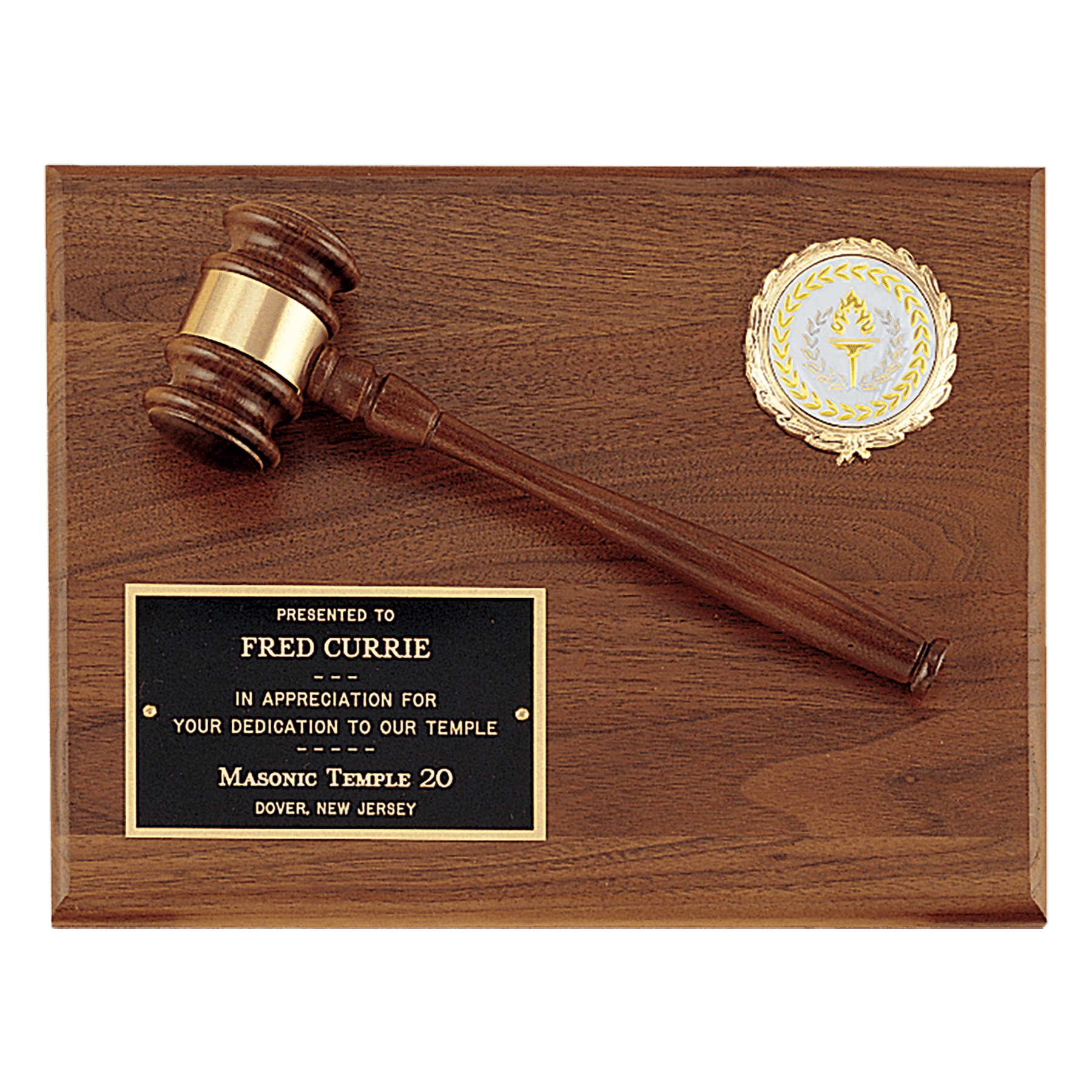 Solid Walnut Plaque w/ Gavel,Band, Black Plate and 2" insert