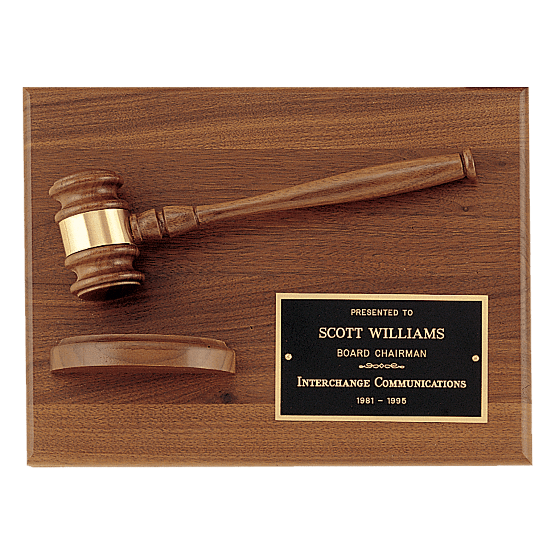 Solid Walnut Plaque w/Gavel,Band & Half Sounding Block