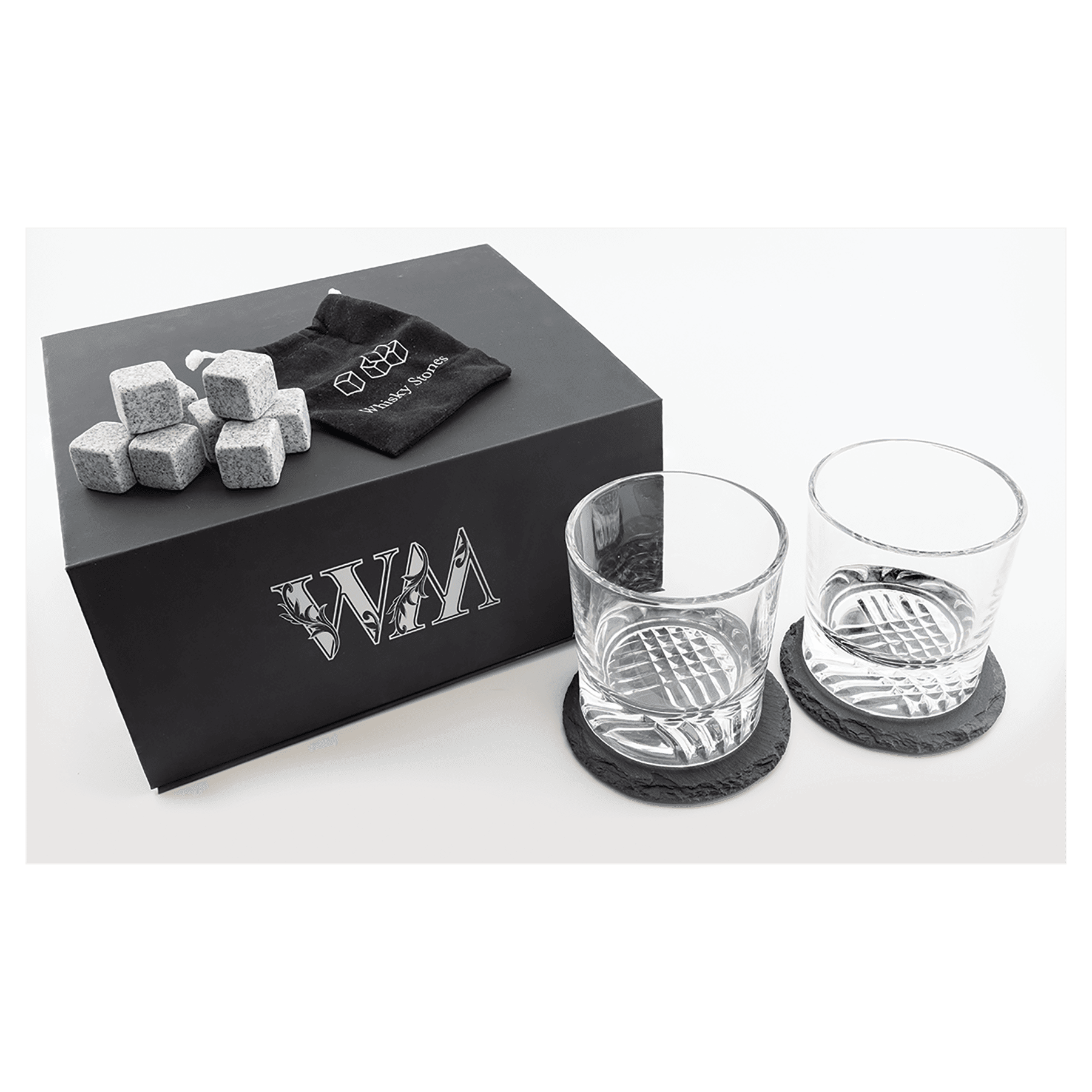 LazerBurst Whiskey Set w/2 Glasses,2 Coasters, and 8 Stones